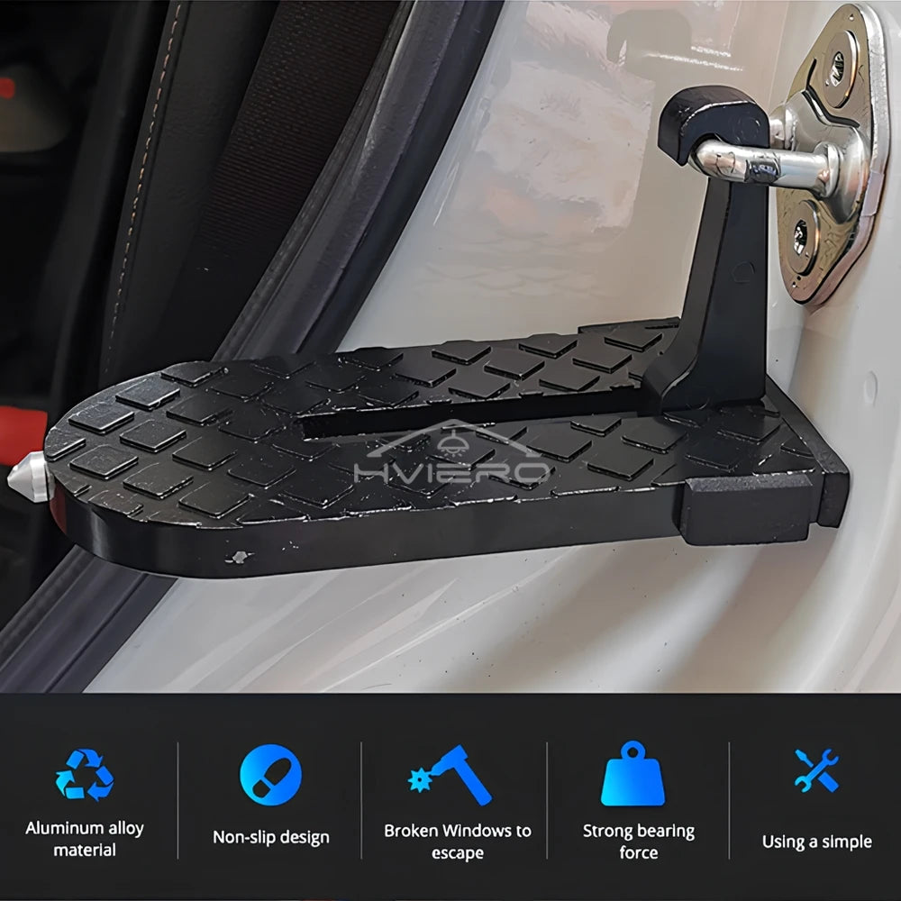 Black multi-functional car roof access step and hook designed for easy entry and exit