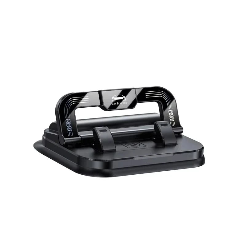Black universal car phone holder with a rotating bracket for mounting a phone.
