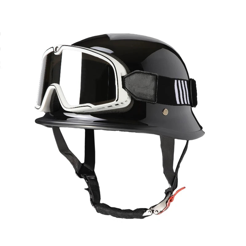 Black universal half-helmet motorcycle and EV safety gear with a clear visor