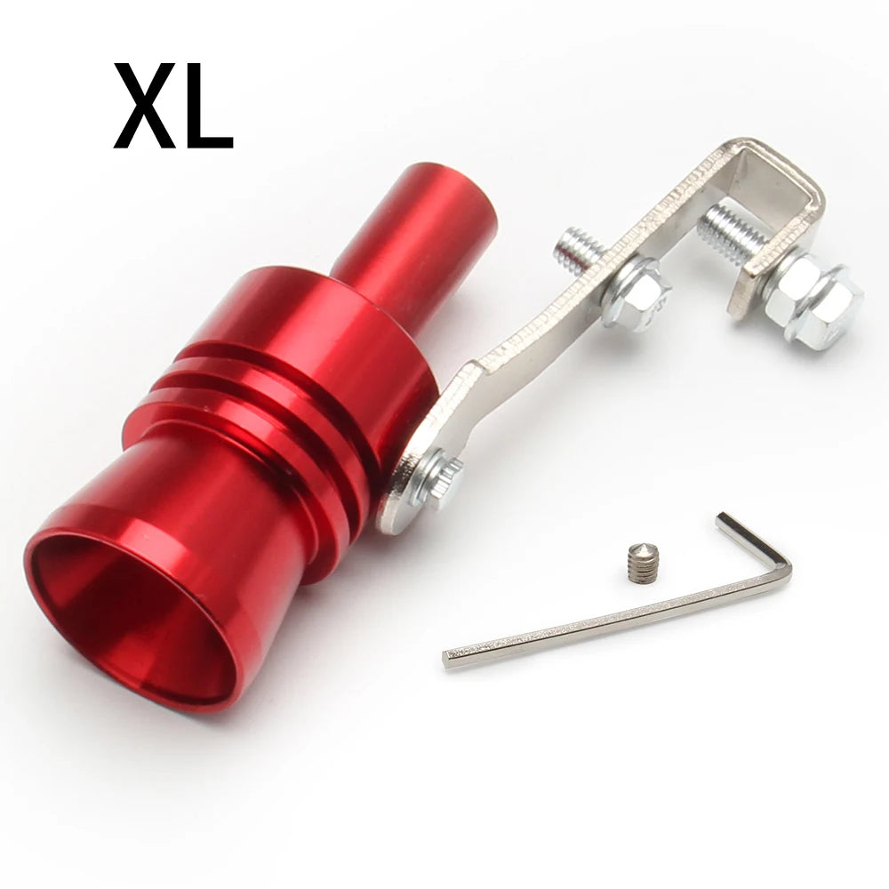 A red universal turbo exhaust whistle with a metal clamp and mounting hardware.