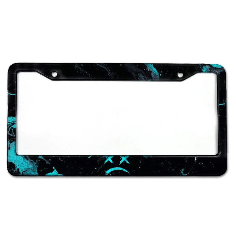 Black and teal marbled aluminum license plate frame with a rectangular cutout.