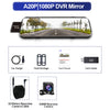 Un miroir DVR dual 1080P montrant une vue de la route, avec accessoires comme un chargeur de voiture, un pansement fixe, un m
