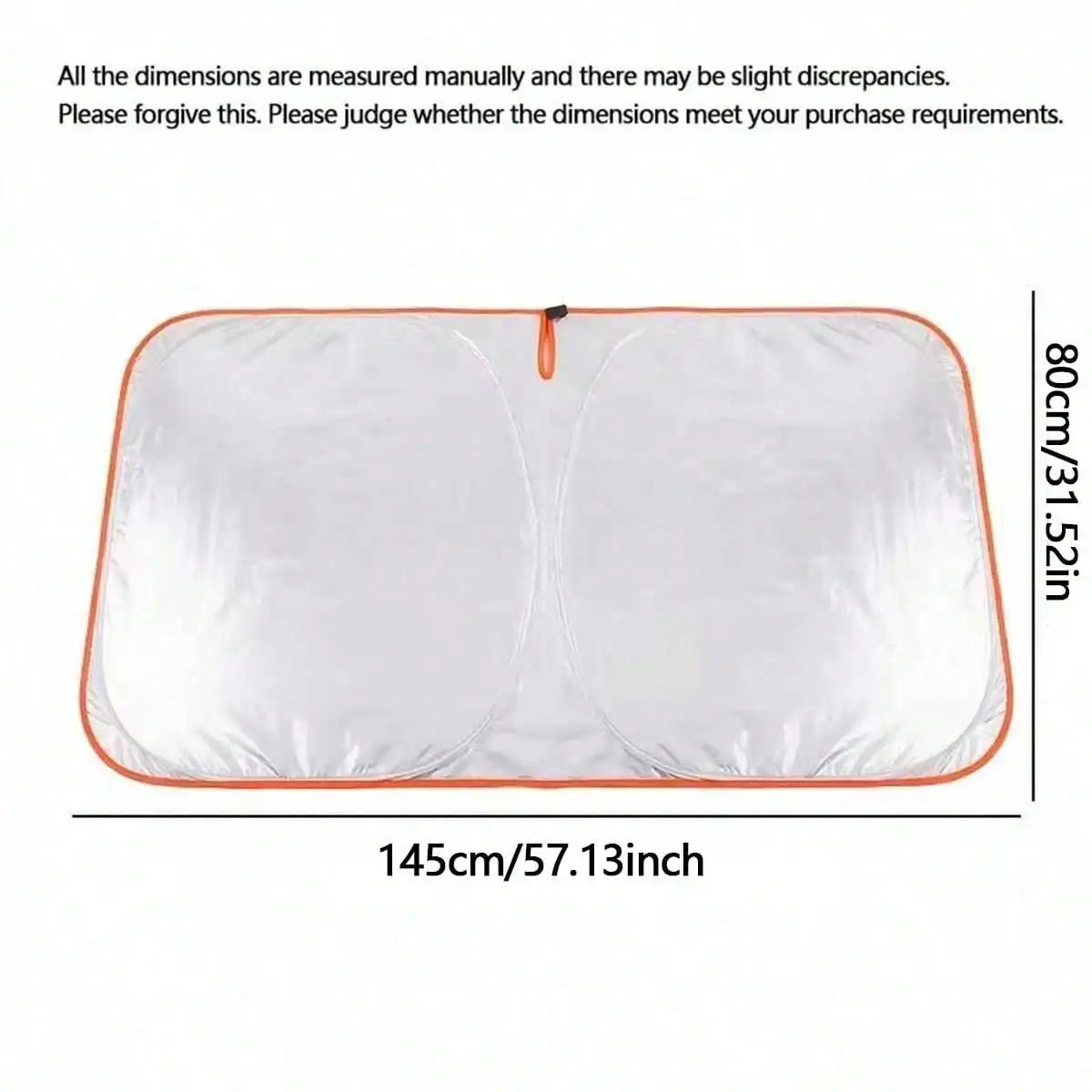 A white car windshield sun shade measuring 145cm by 80cm, designed for heat and UV protection.