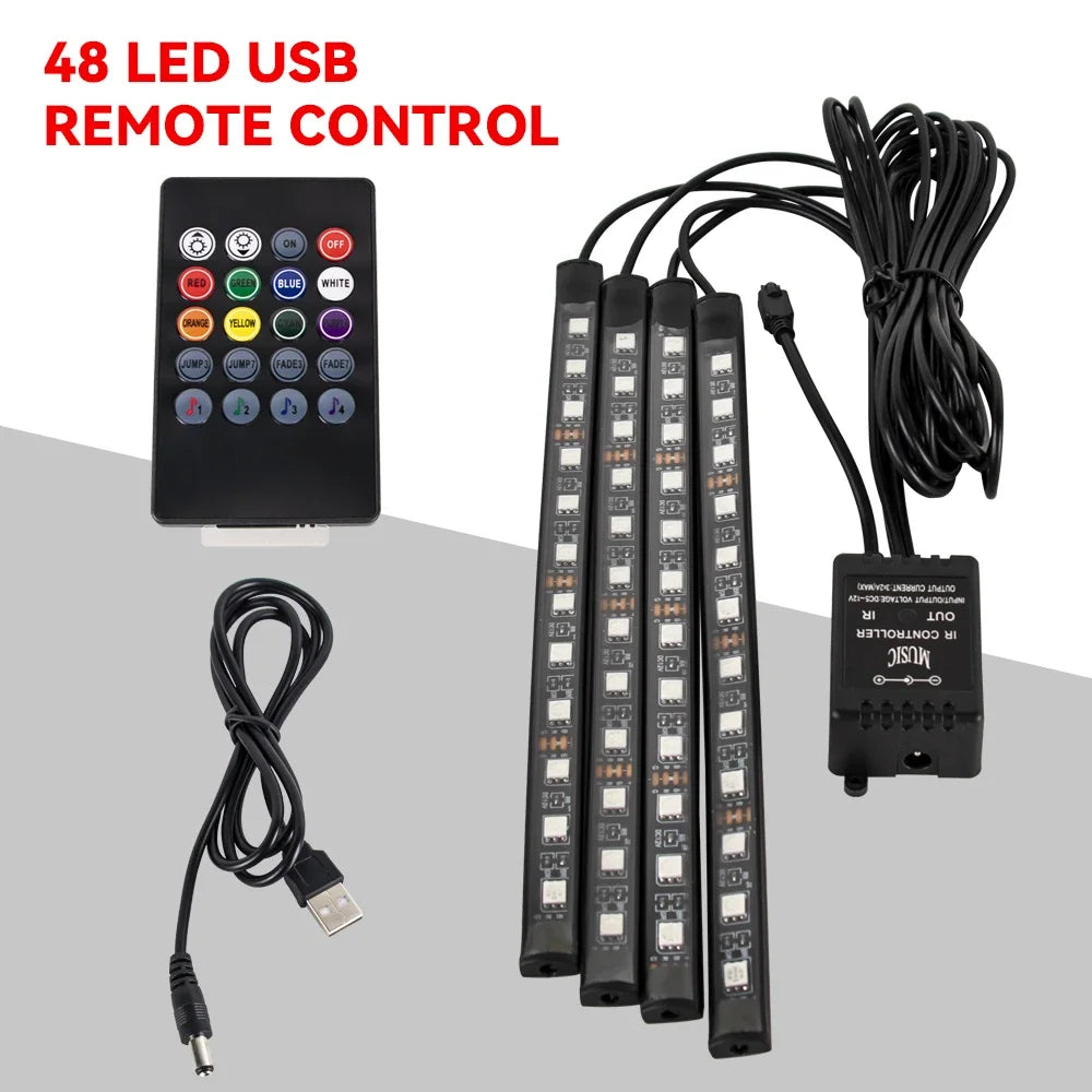 Fernbedienung und LED-Streifen mit Kabeln für ein RGB-Ambientesystem für das Auto.