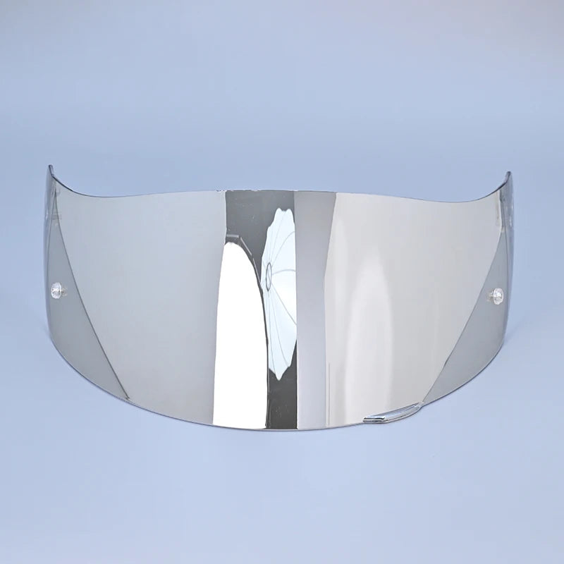 A silver universal motorcycle helmet visor shield with a clear lens insert.