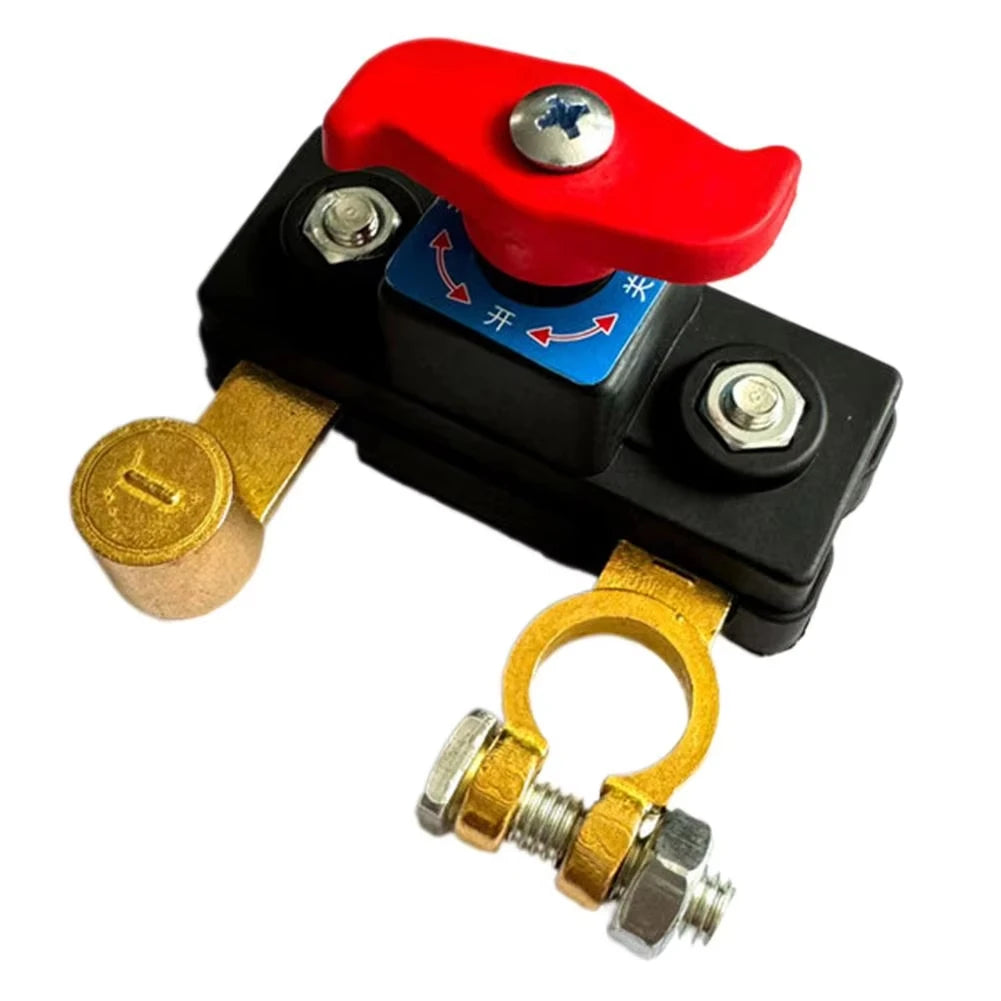 A black universal car battery cut-off switch with a red lever and brass mounting hardware.