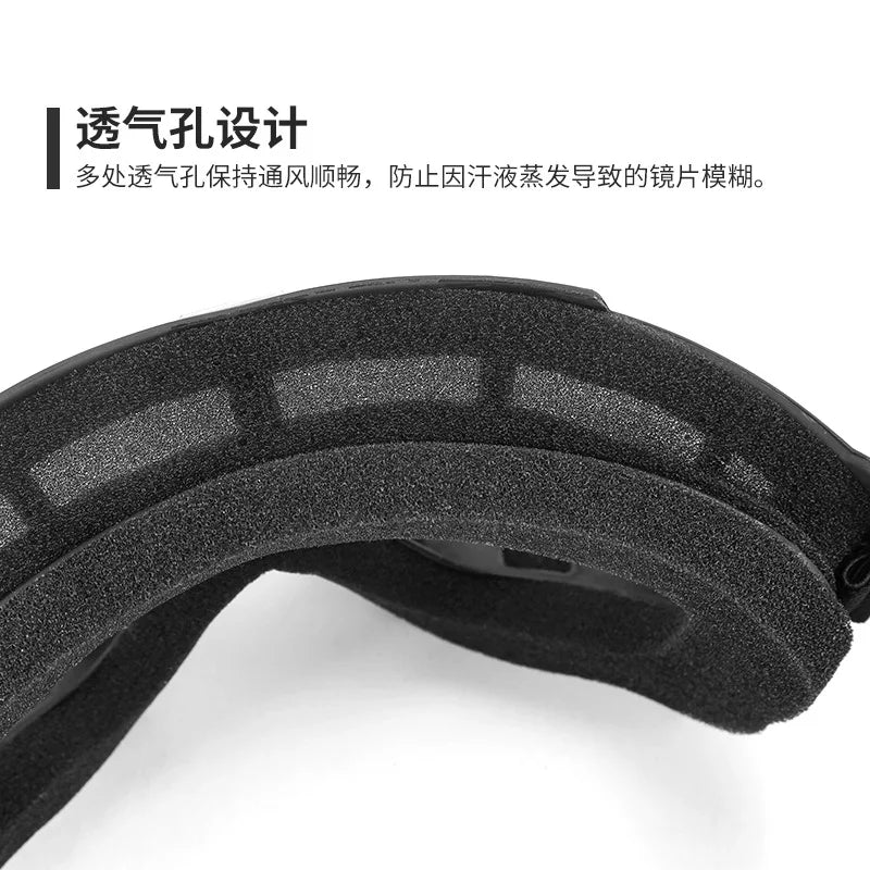 A close-up view of a black protective mask or goggles designed for outdoor motorcycle and cycling use.