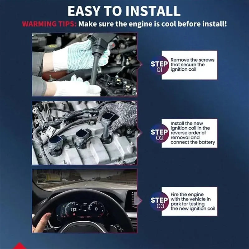 Guía de tres pasos para instalar una bobina de encendido nueva en el motor de un coche.