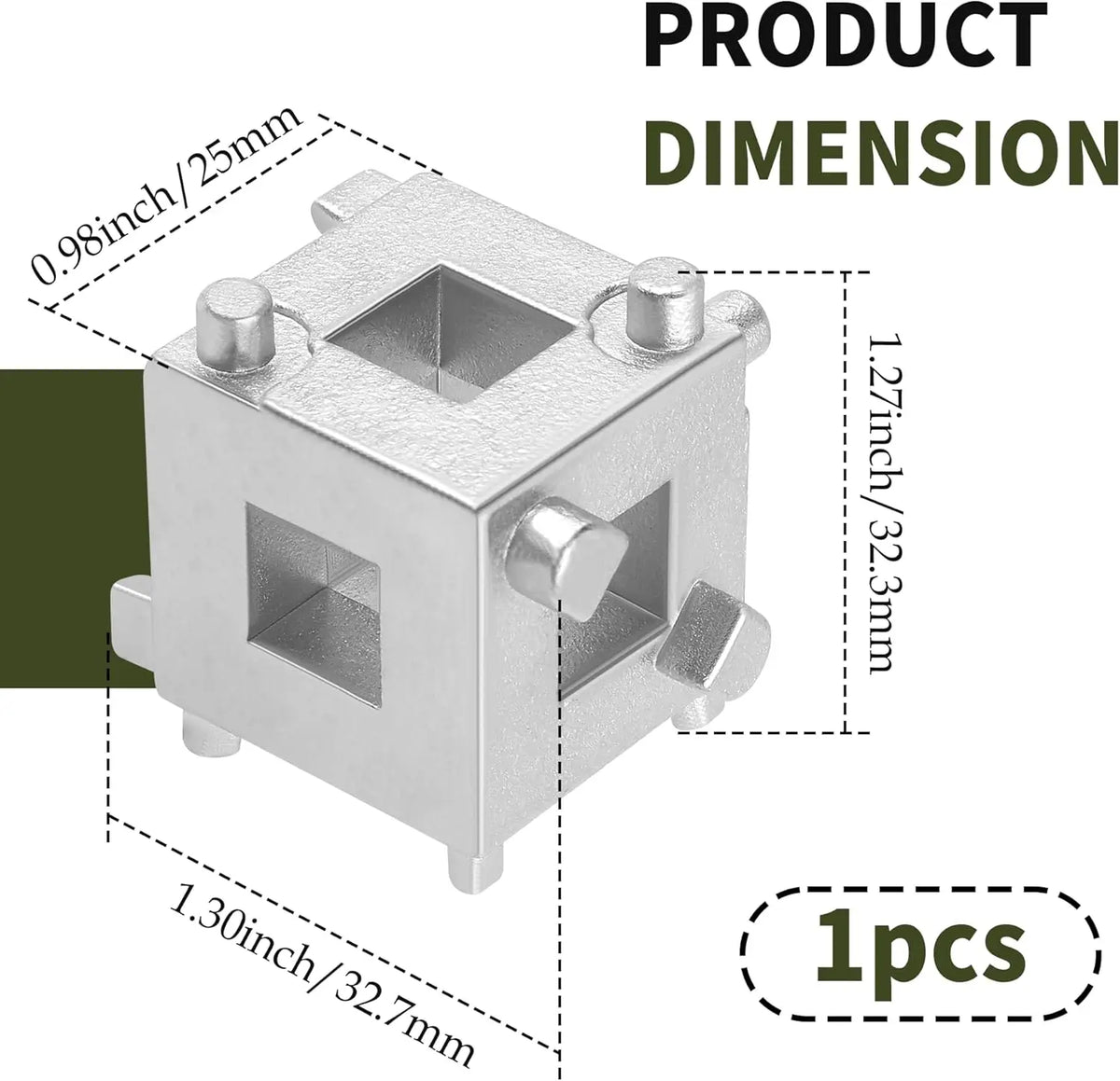 A silver cube brake caliper piston tool with square openings and mounting holes.