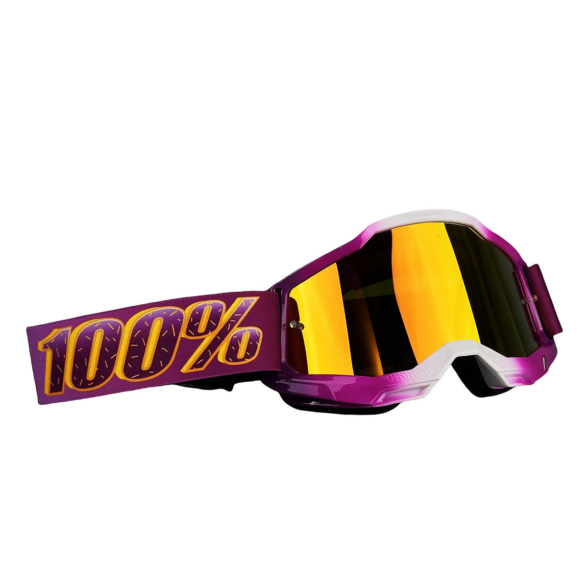 Lila Fahrrad- und Skigoggles mit gelber spiegelnder Linse und der Aufschrift 100%