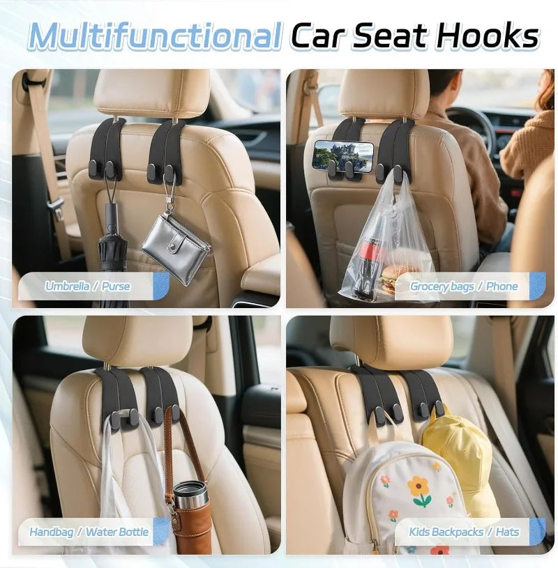 Multifunctional car seat hooks used to hang bags, phones, and accessories for storage organization.