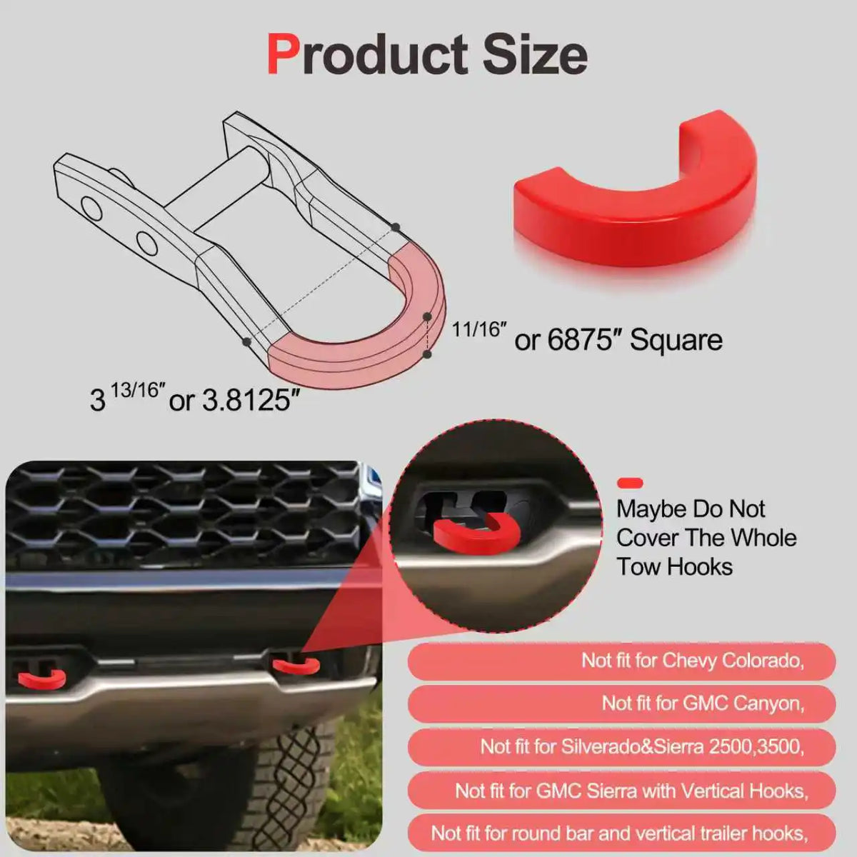 Silicone tow hitch covers shown with size options and fitment warnings for Chevy and GMC trucks
