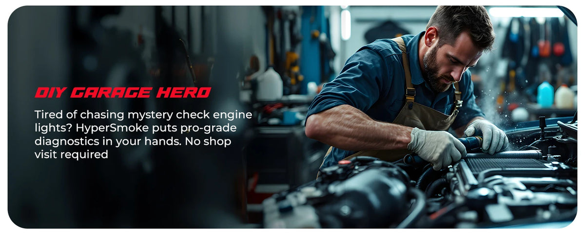 A mechanic works on an engine using a professional automotive leak testing smoke machine.