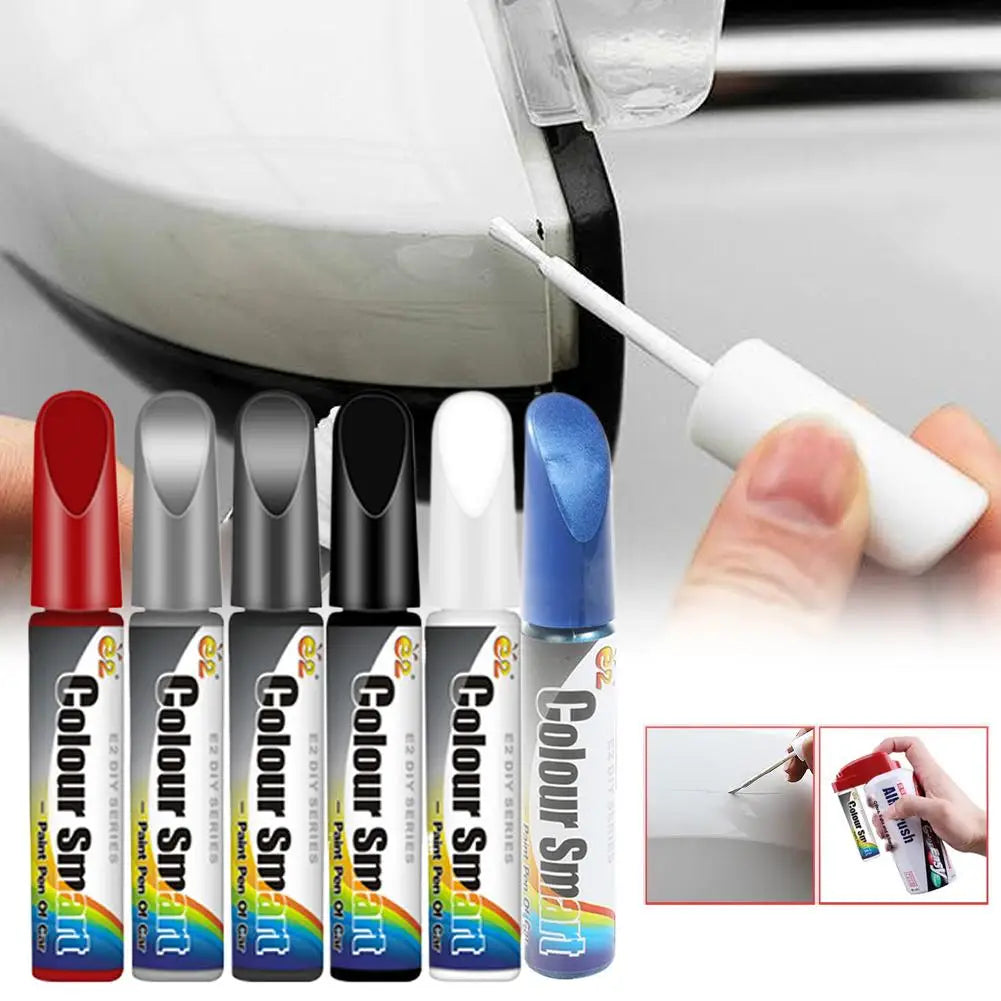 A collection of Colour Smart Car Scratch Repair Pens in various colors and tips being used on a surface.