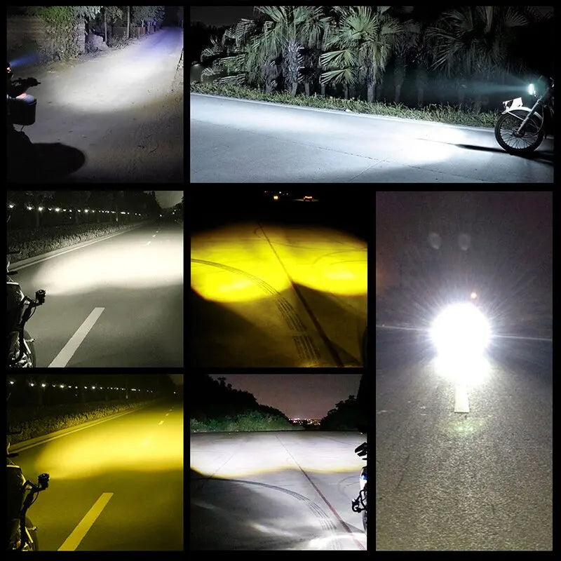 A collage of various LED driving lights illuminating a road at night from different angles and perspectives.