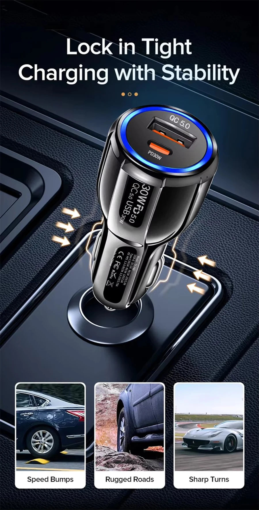 A black car charger with dual USB-C ports is shown being used in a car, demonstrating speed bumps, rugged roads, and sharp tu