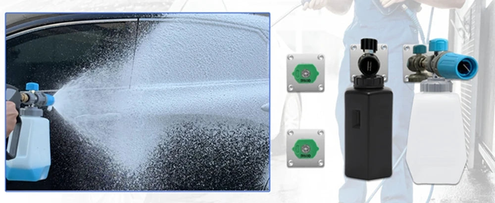 Étagère de stockage pour canon à mousse en acier inoxydable avec adaptateurs et pistolet à pulvériser utilisé sur une surface