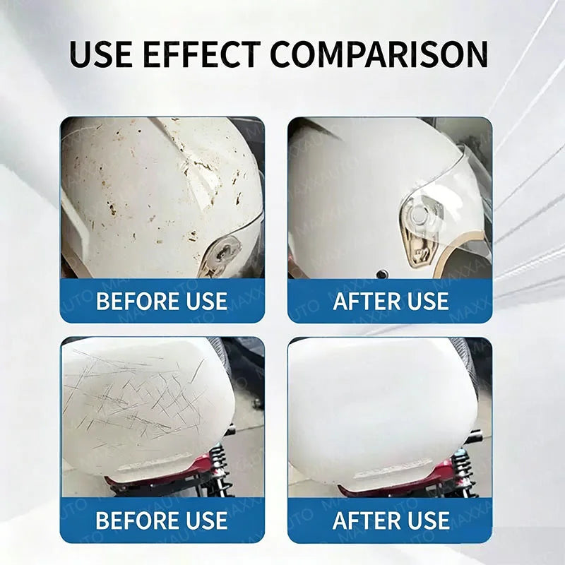 Comparison showing a car or bike surface before and after using a scratch remover kit.