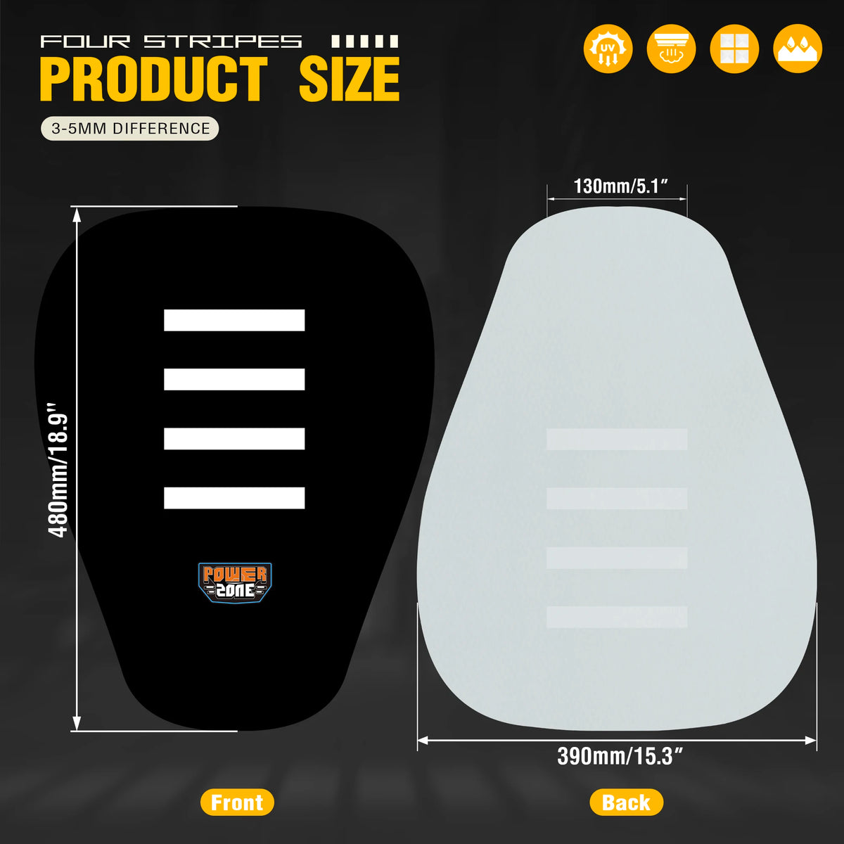 Front and back views of a four stripes product size showing the difference between 480mm and 390mm dimensions.
