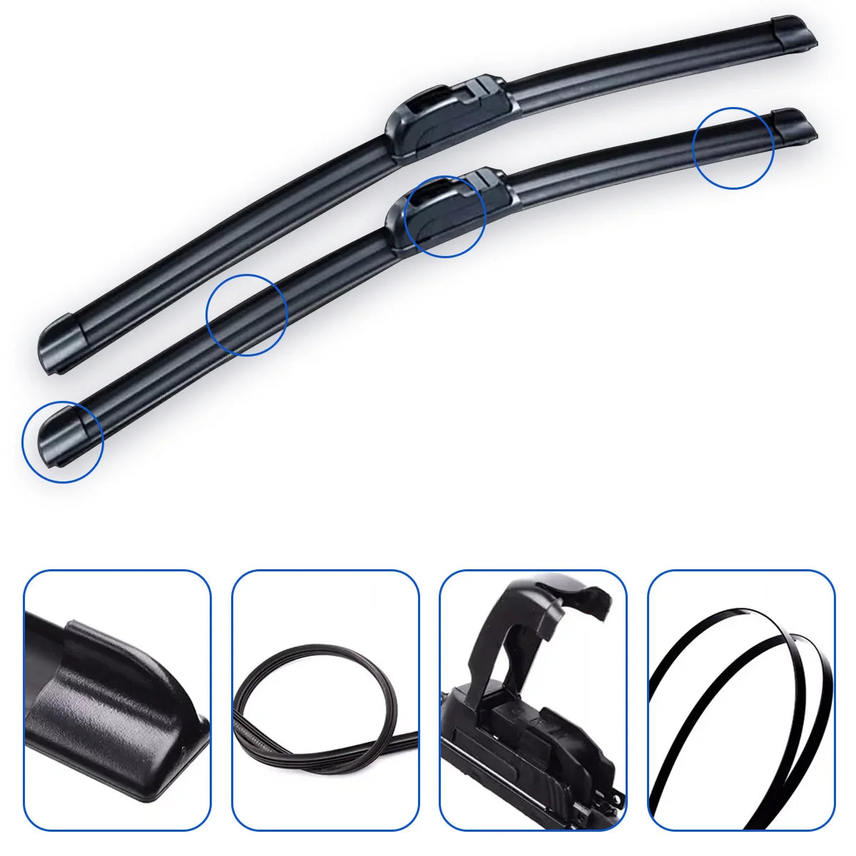 A set of black natural rubber windshield wiper blades for front replacement.