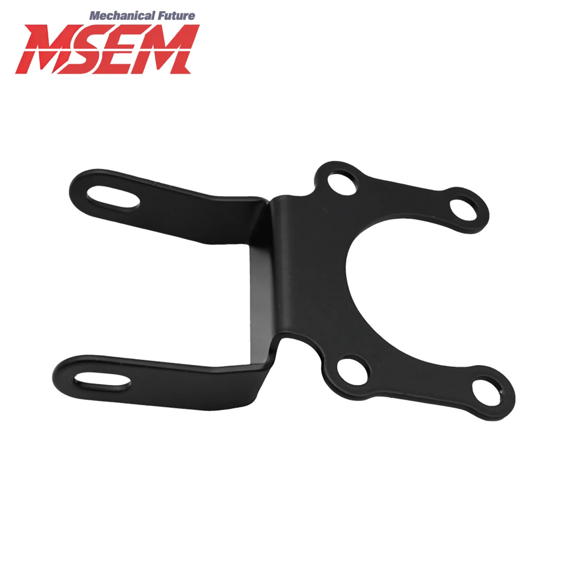 Black motorcycle ebike headlight mounting bracket for securing lights.