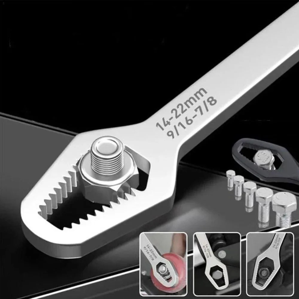 A silver universal adjustable Torx wrench set showing various sizes and applications.