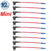 A set of ten mini automotive fuse adapter splitters with black connectors and red wires.