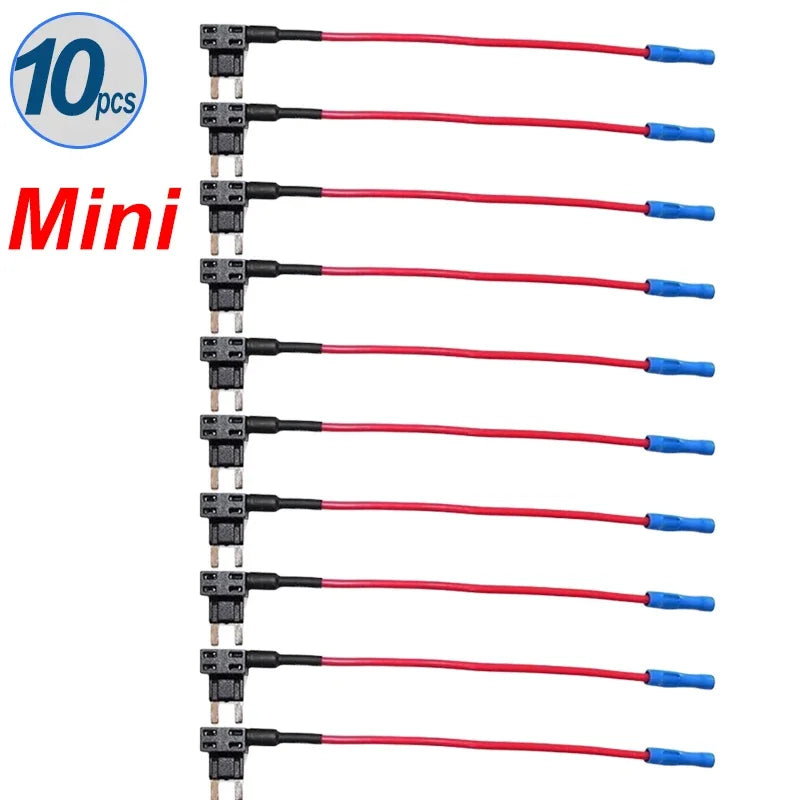 A set of ten mini automotive fuse adapter splitters with black connectors and red wires.