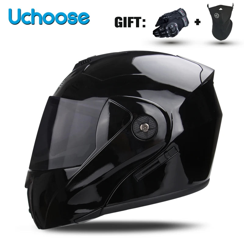 Black Uchoose DOT certified double lens flip-up motorcycle helmet with a gift