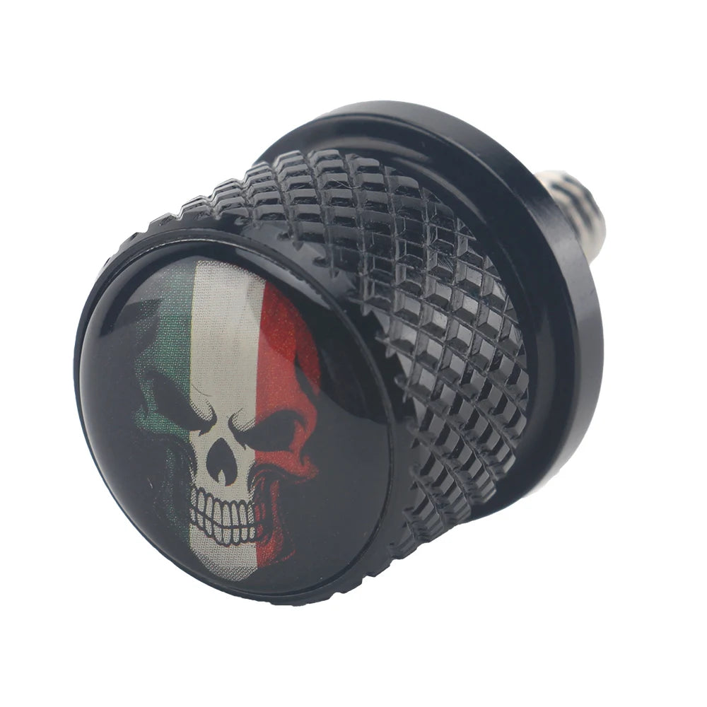 Black aftermarket motorcycle seat and fender bolts with a skull and flag design