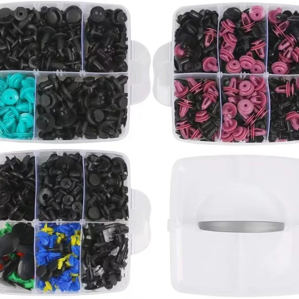 A set of universal auto fastener clips in various colors including black, pink, and blue for body trim.