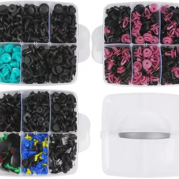 A set of universal auto fastener clips in various colors including black, pink, and blue for body trim.