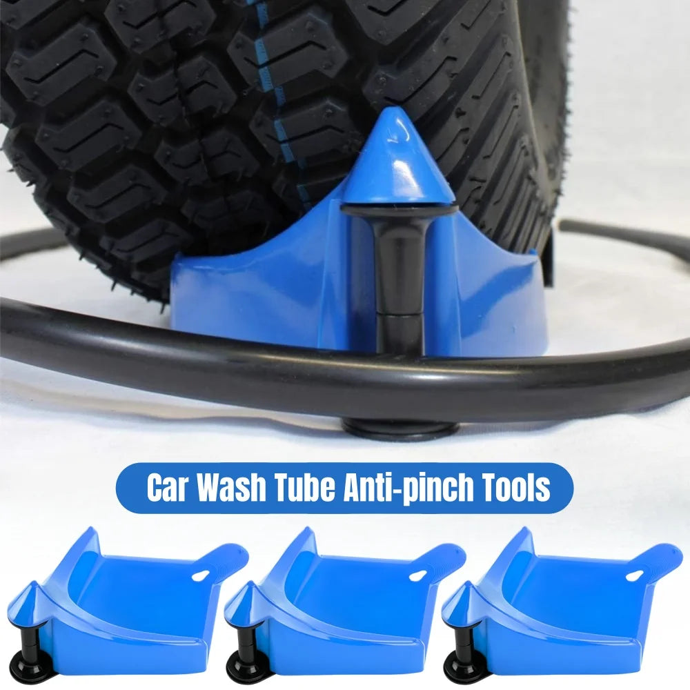 Blue anti-pinch tools for car wash tubes, featuring specialized wedges for tire safety.