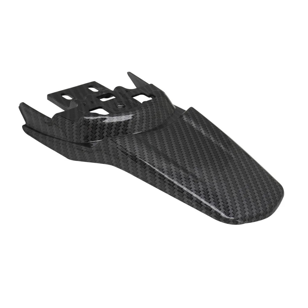 Black carbon fiber rear mudguards for a Sur-Ron S/X electric dirt bike.