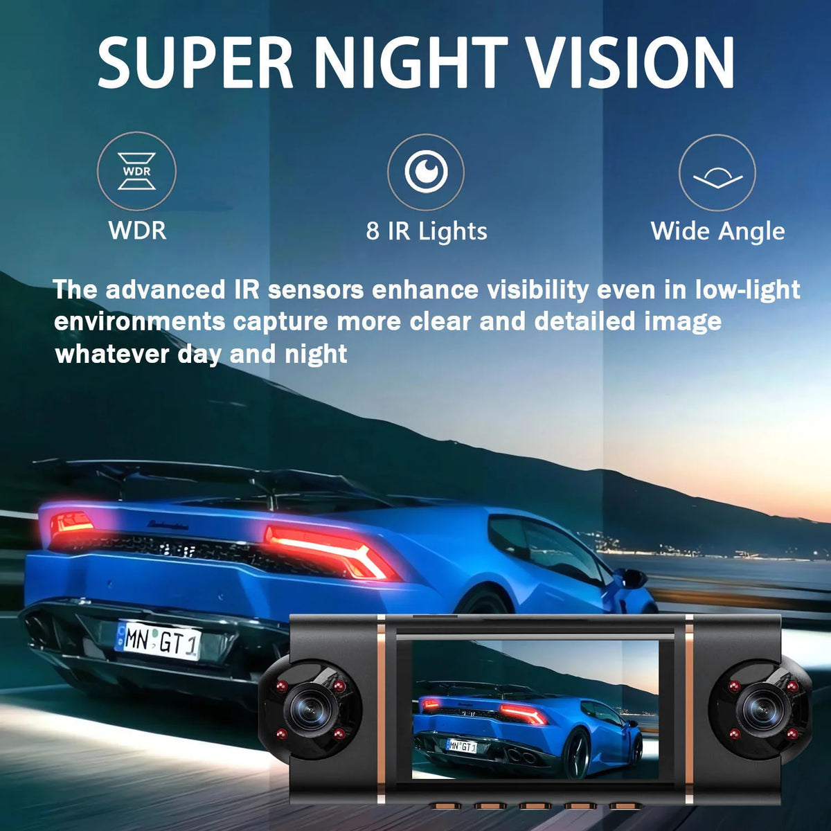 Une voiture bleue avec un effet de lumière infrarouge, démontrant les fonctionnalités d'une caméra Super Night Vision.