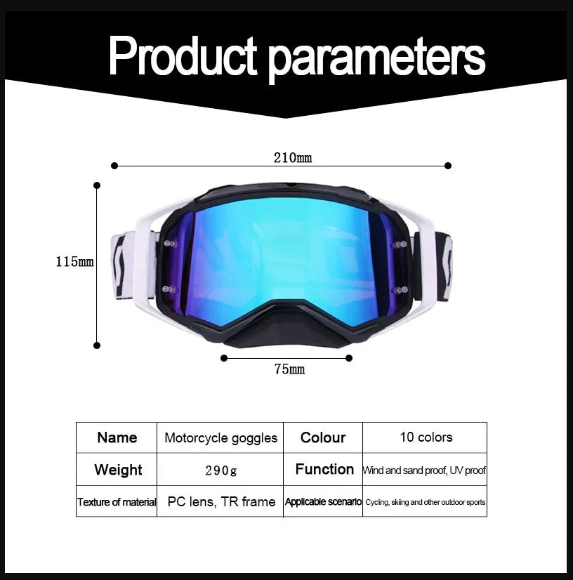 A pair of black and blue motorcycle goggles with a white frame shown against a white background.