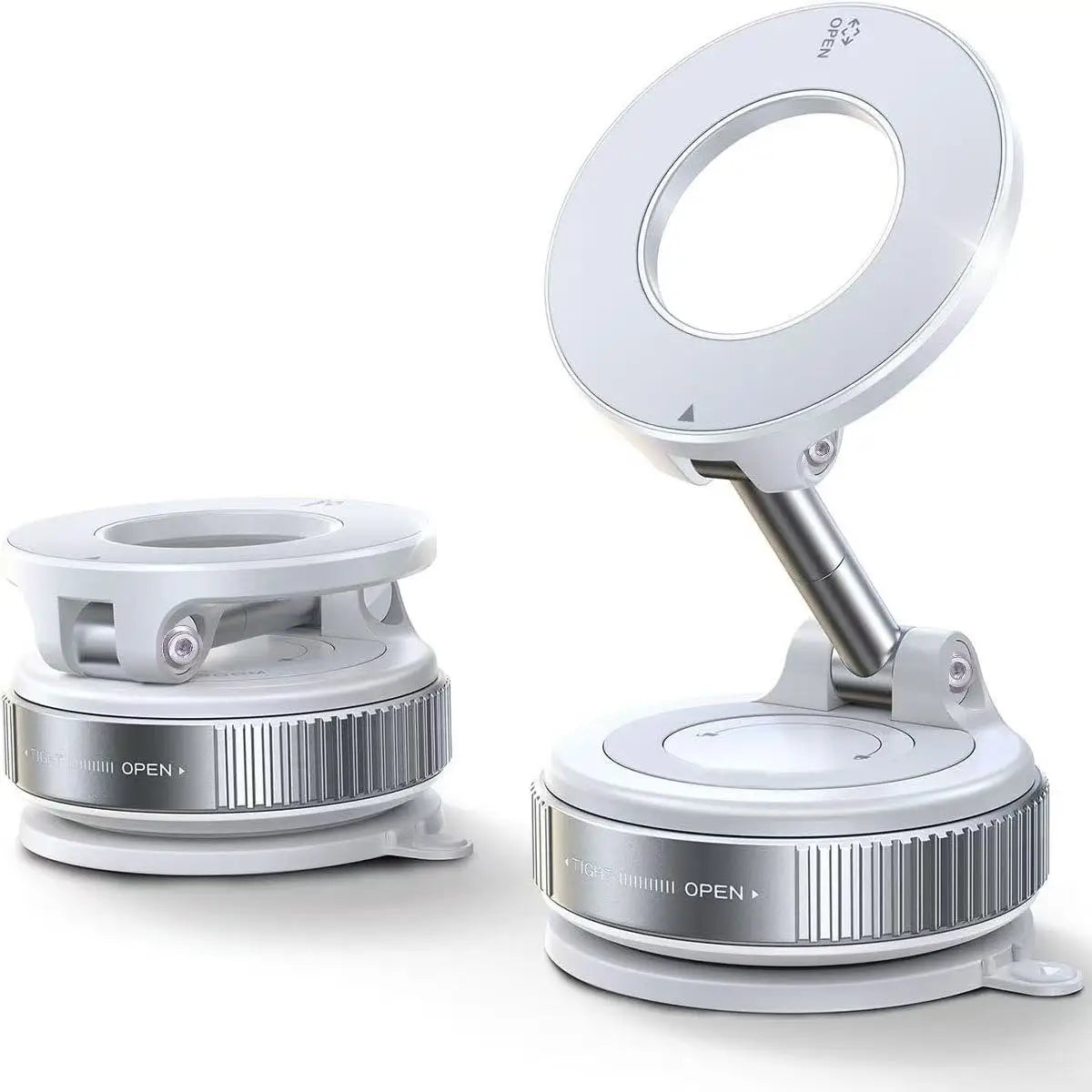 Silber-weißes 360°-faltbares magnetisches Handyhalter für das Auto mit kreisförmigem Befestigungsring.