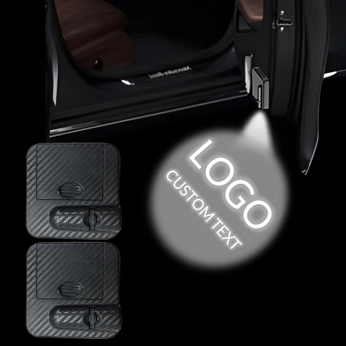 A set of four black carbon fiber door light modules with a glowing logo are shown next to a car interior.