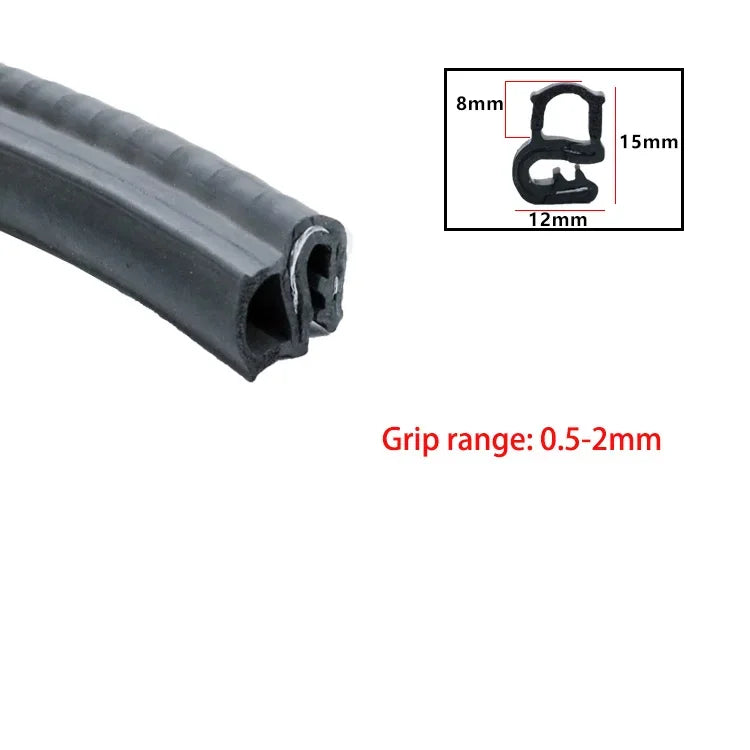 A black, U-shaped door edge seal strip with dimensions and grip range specifications.
