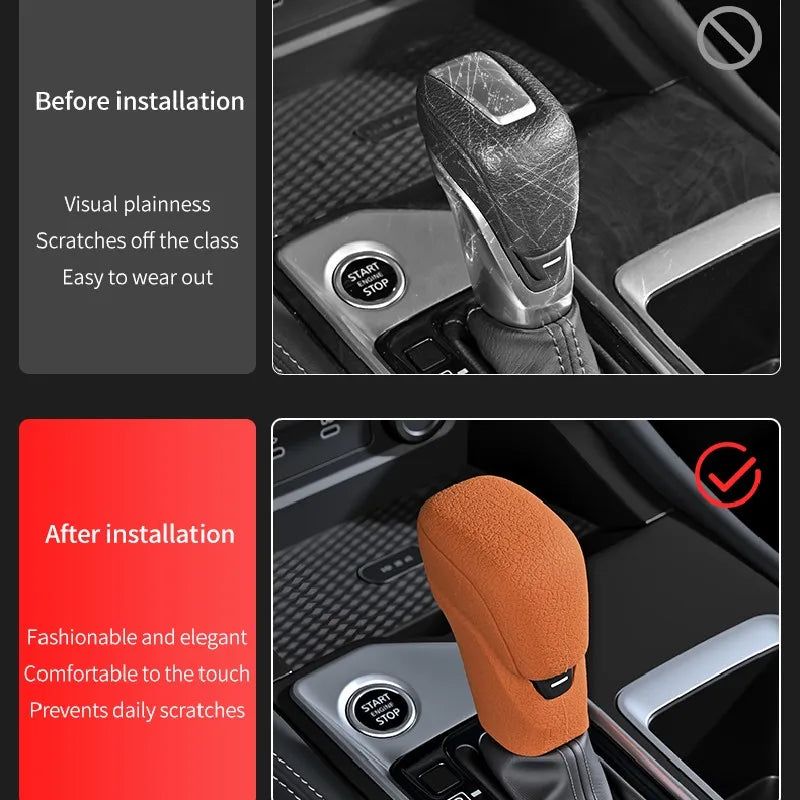 Comparison showing a gear shift knob before and after installation, highlighting the non-slip covers.