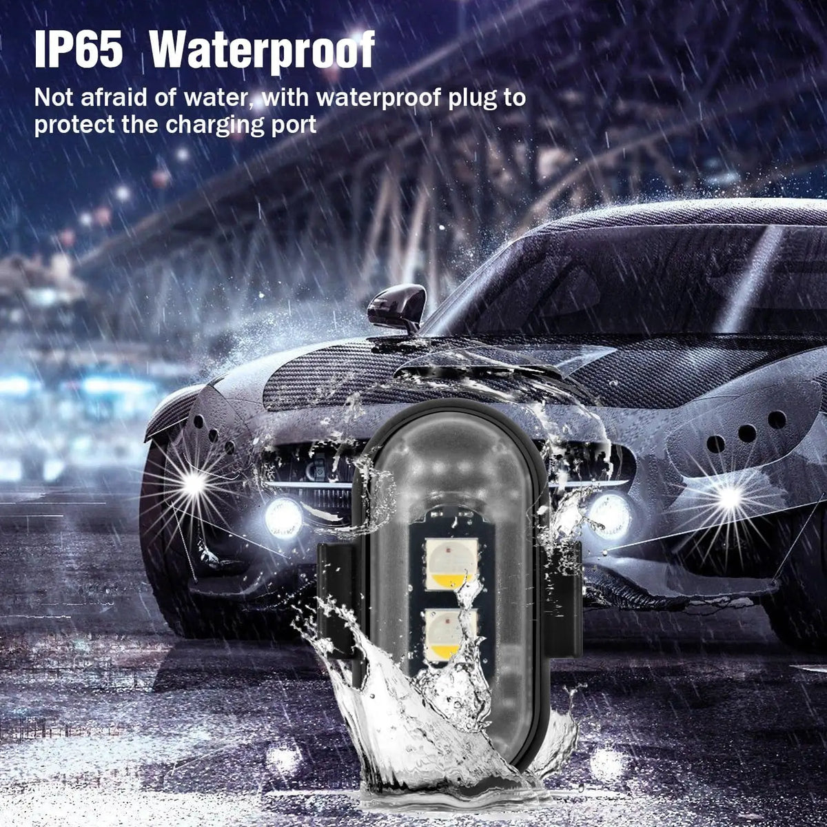 A waterproof plug protecting a vehicle's charging port, demonstrating IP65 waterproof protection.