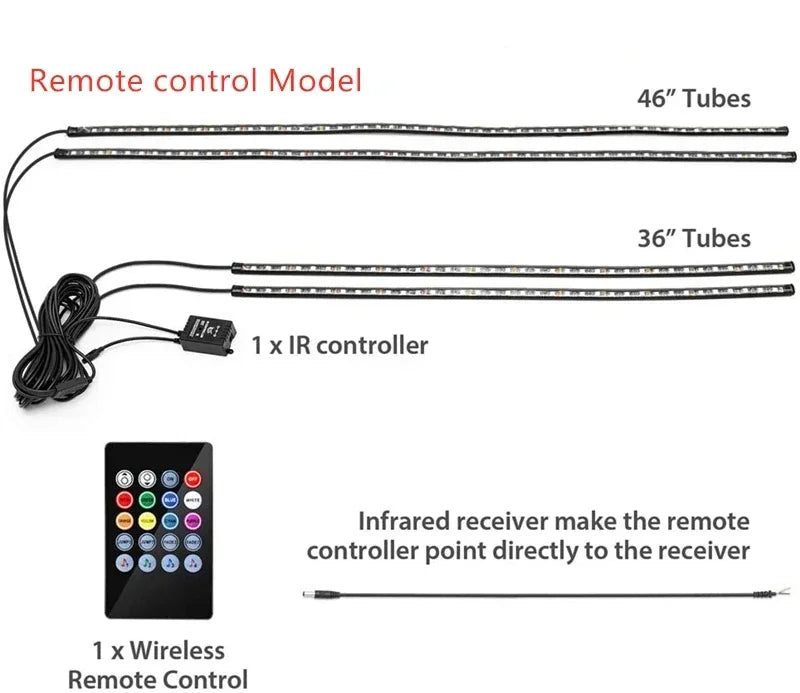 Remote control model showing 46 and 36 inch tubes and an infrared receiver for LED strip lights