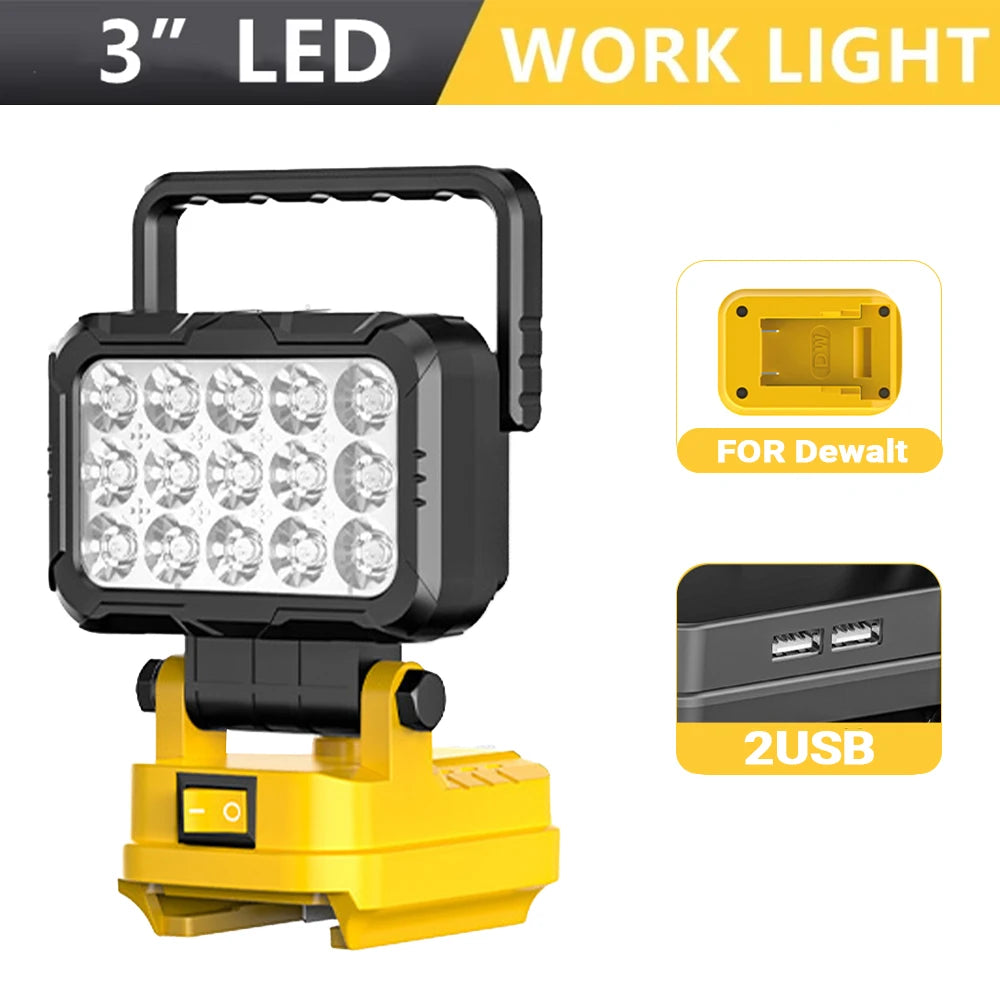 A black 3 inch LED work light with a yellow base and USB port for power tools.