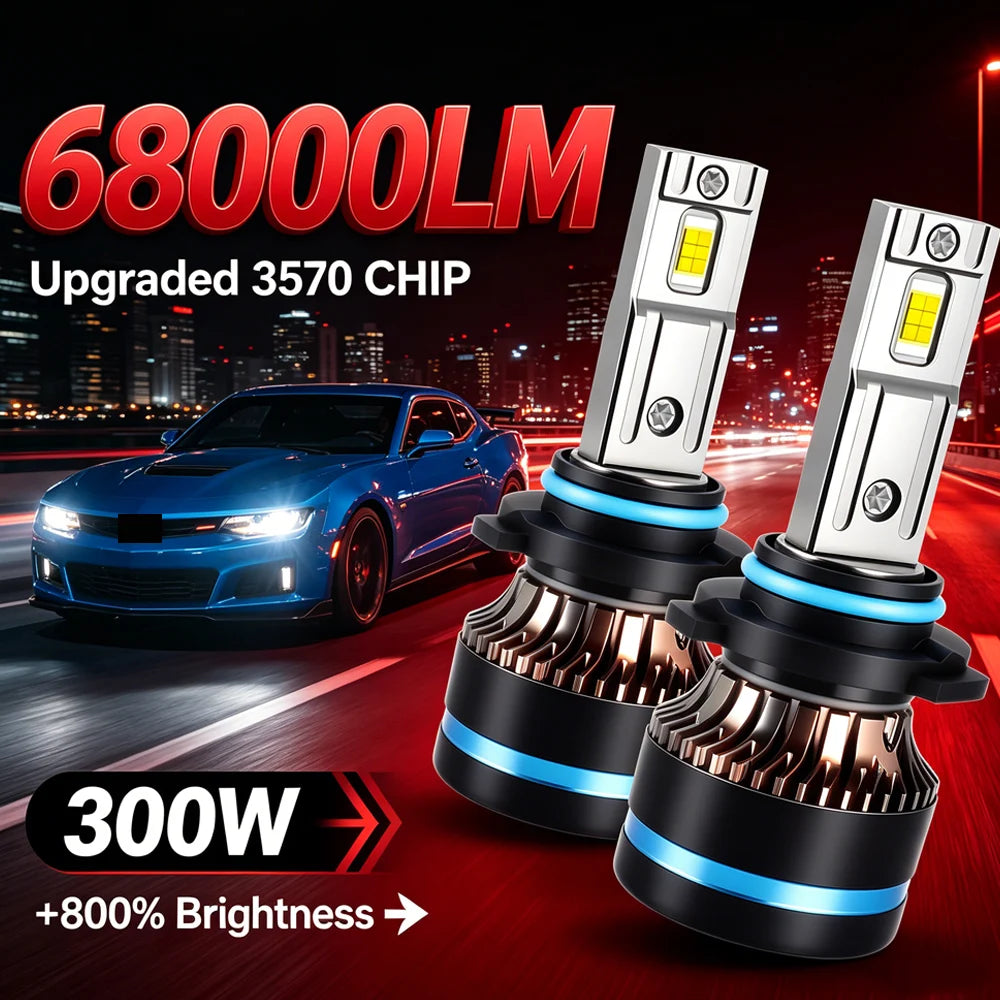 A set of high-power 68000LM upgraded 3570 chip LED car headlight bulbs shown next to a blue sports car.