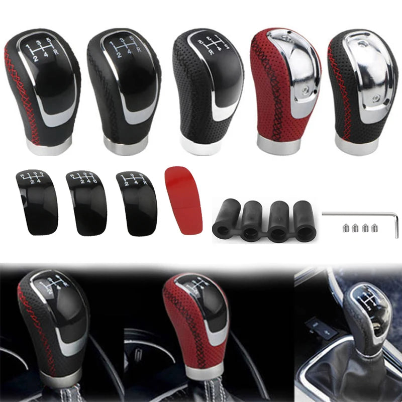 A variety of black and red manual gear shift knobs with interchangeable speed covers shown in different angles.