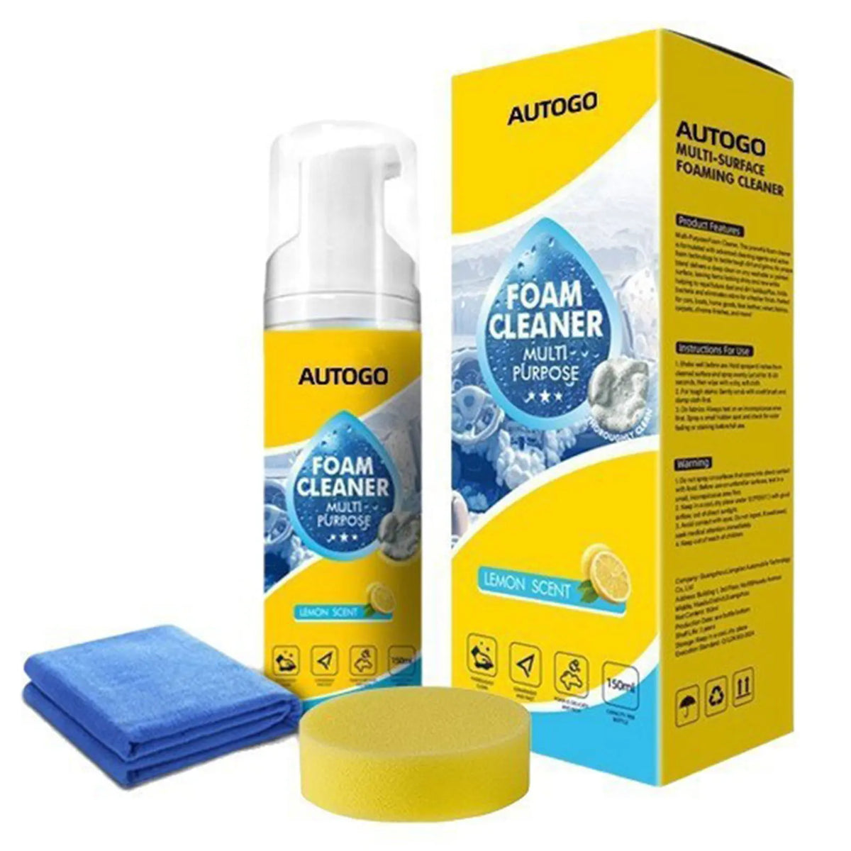 A box of Autogo Multi-Purpose Foaming Cleaner with a bottle, yellow foam disc, and blue cleaning cloth.