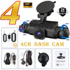 A black 4-channel dash cam is shown with various components including a camera, power cable, and manual.