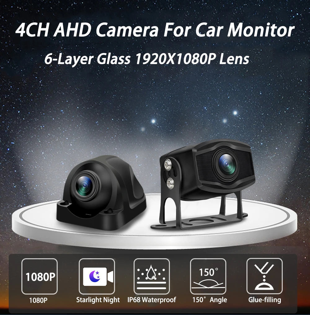 A black 4CH AHD camera system with a 6-layer glass 1920x1080P lens mounted on a white base.