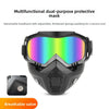 A black multifunctional dual-purpose protective mask with a colored lens and a detachable headband.