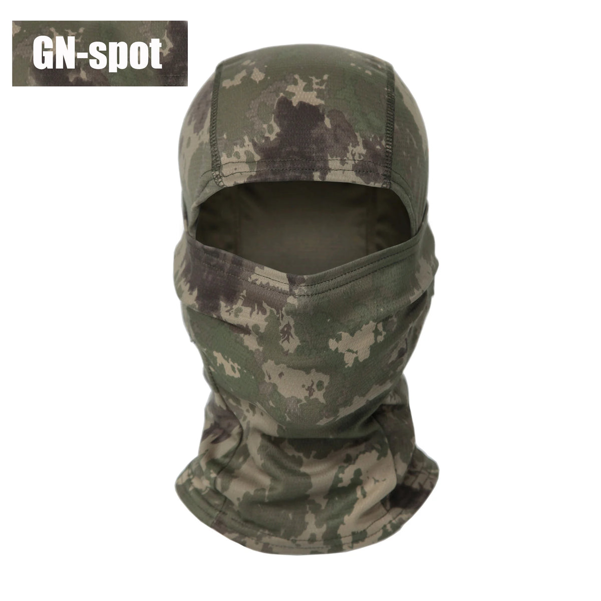 A camouflage tactical balaclava full face mask in green and brown tones.